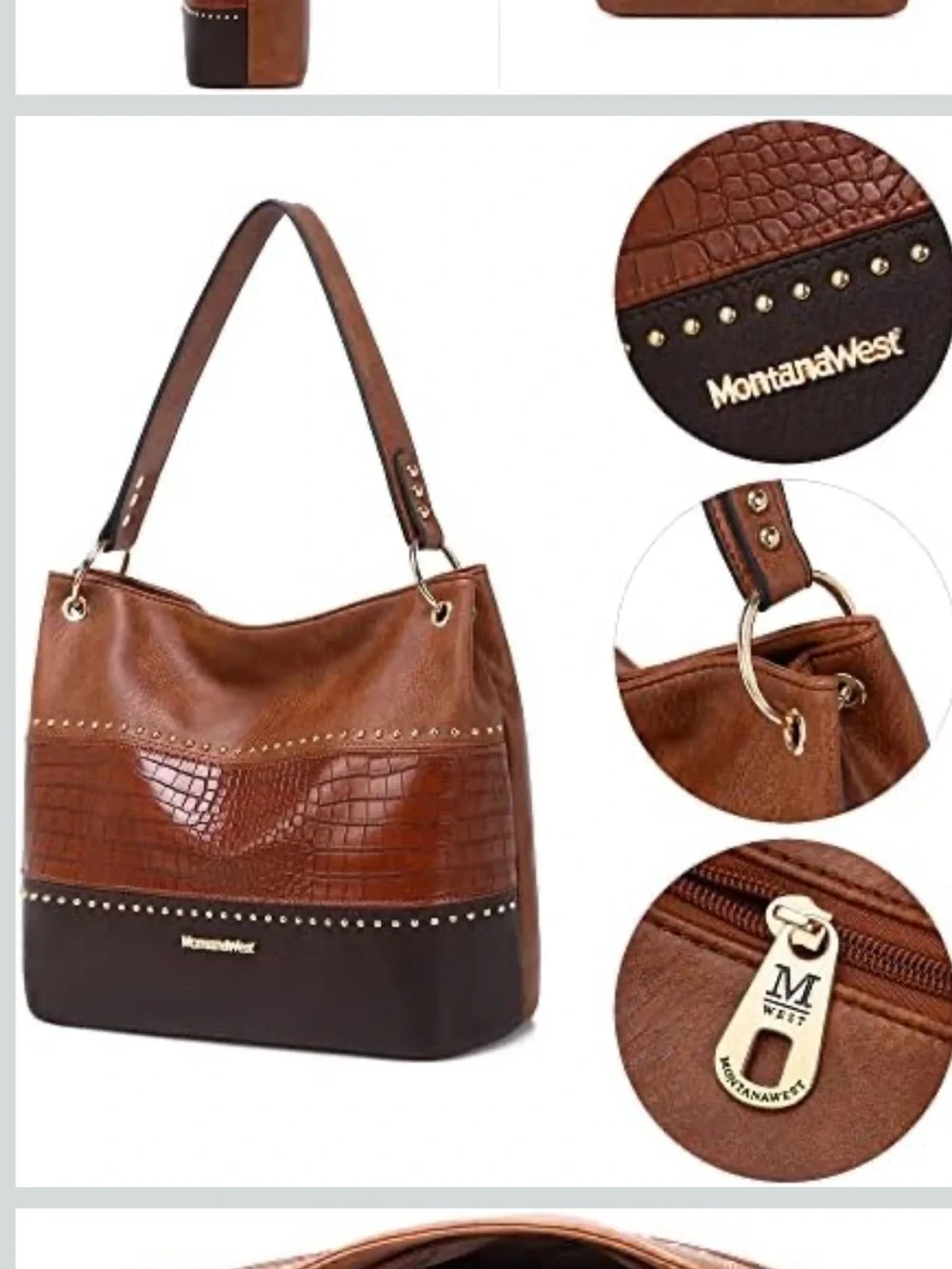 Montana West Two-Tone Brown Leather & Croc-Embossed Shoulder Bag with Gold Studs